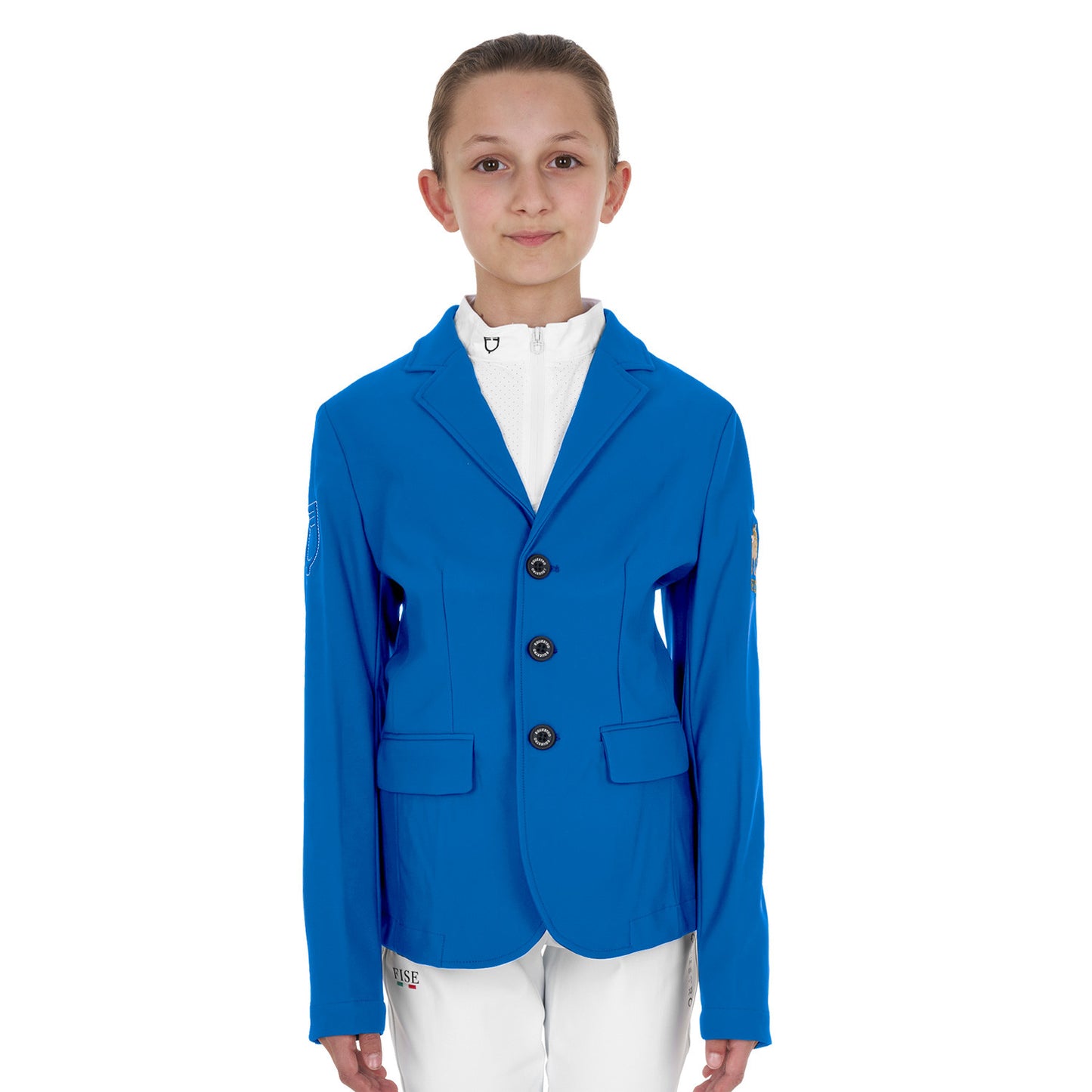 Chaqueta unisex infantil de concurso tres botones Equestro X FISE - Azzurro Savoia