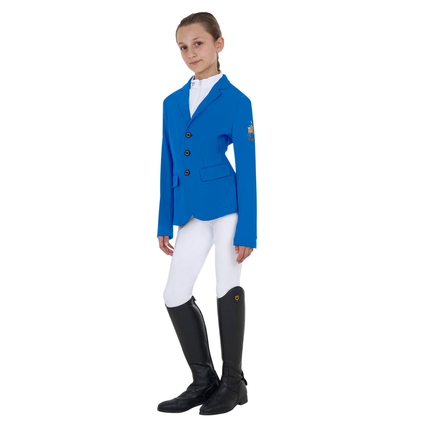 Chaqueta unisex infantil de concurso tres botones Equestro X FISE - Azzurro Savoia