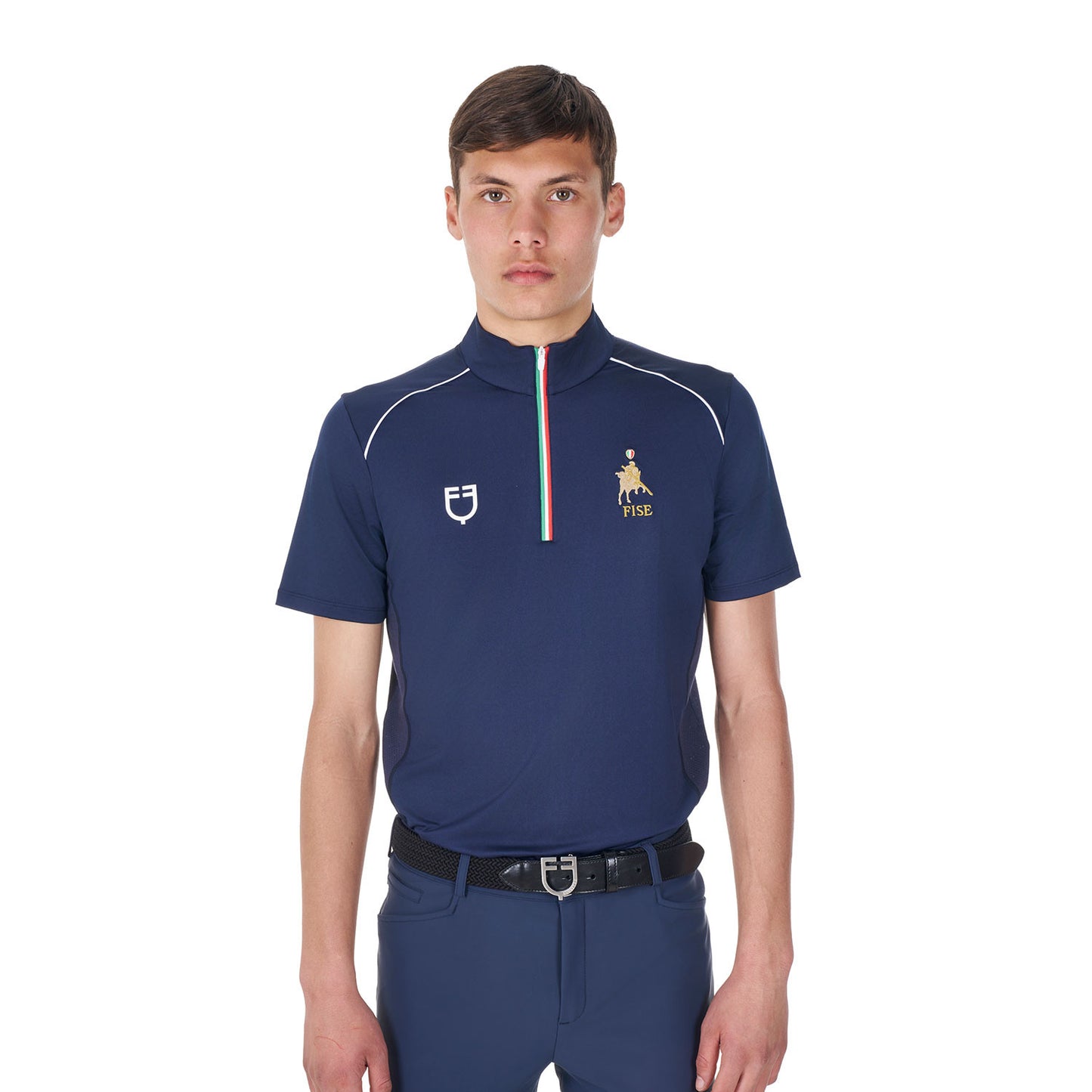 Polo de hombre de entrenamiento con cremallera tricolor Equestro X FISE - Navy Blazer