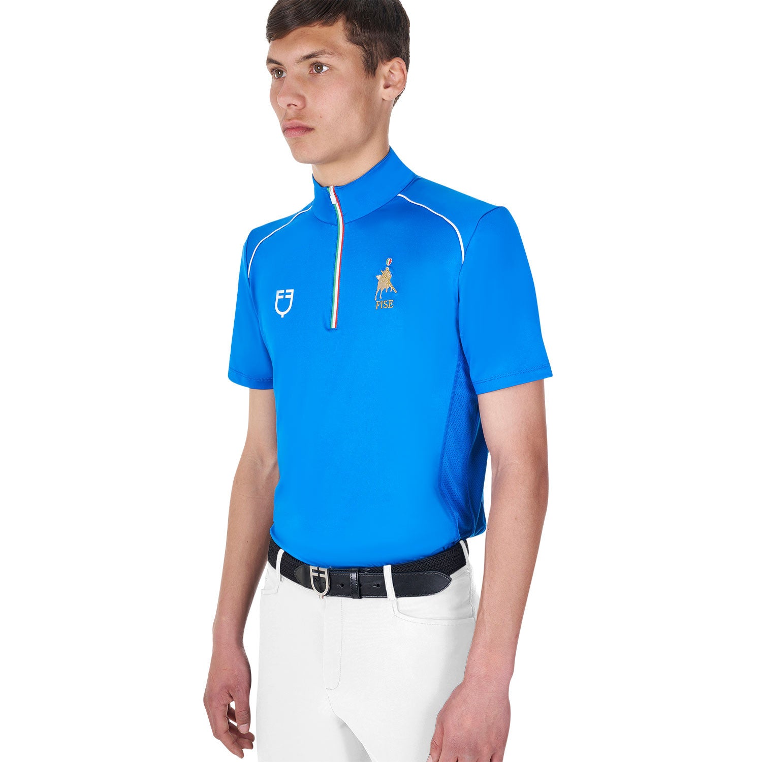 Polo de hombre de entrenamiento con cremallera tricolor Equestro X FISE - Azzurro Savoia