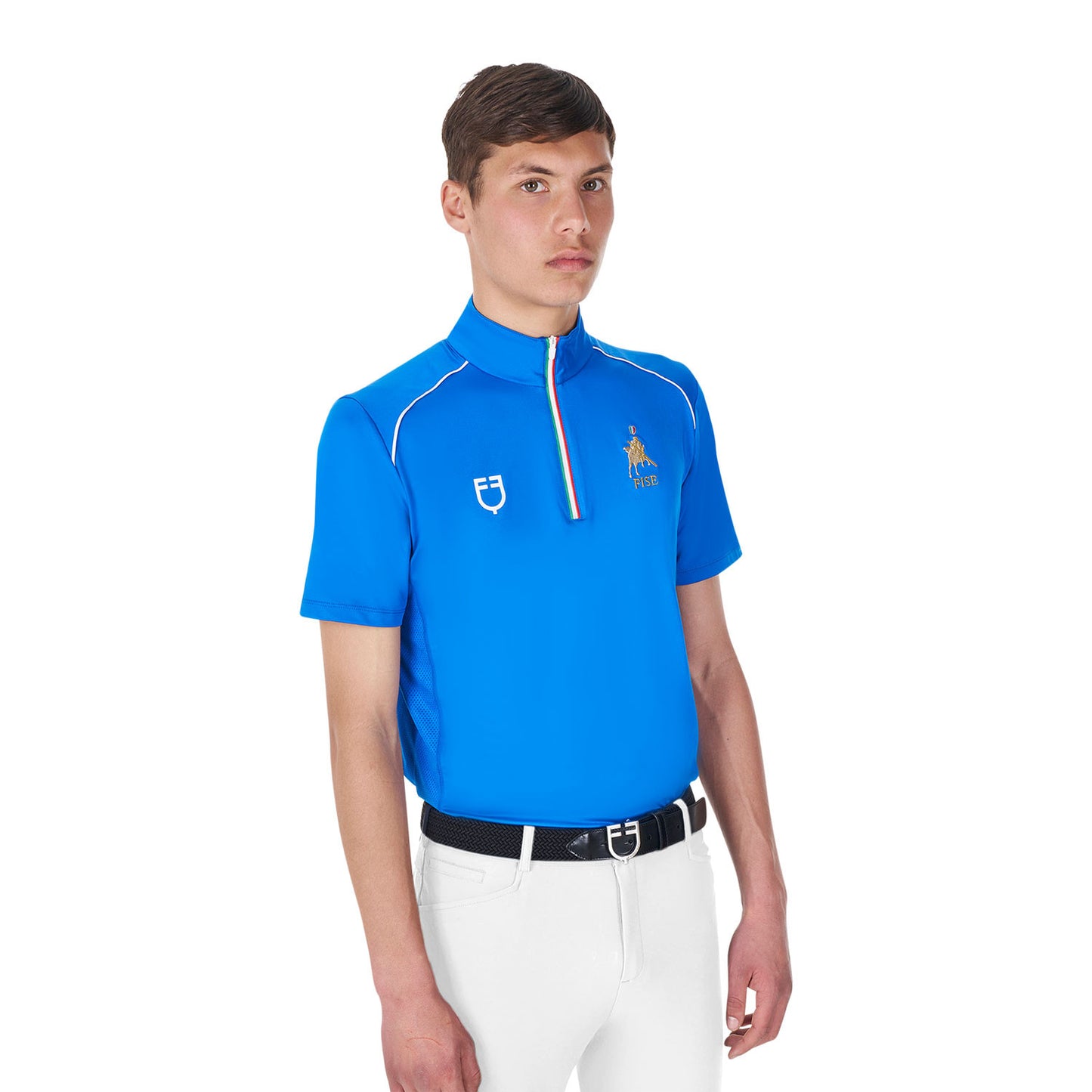 Polo de hombre de entrenamiento con cremallera tricolor Equestro X FISE - Azzurro Savoia