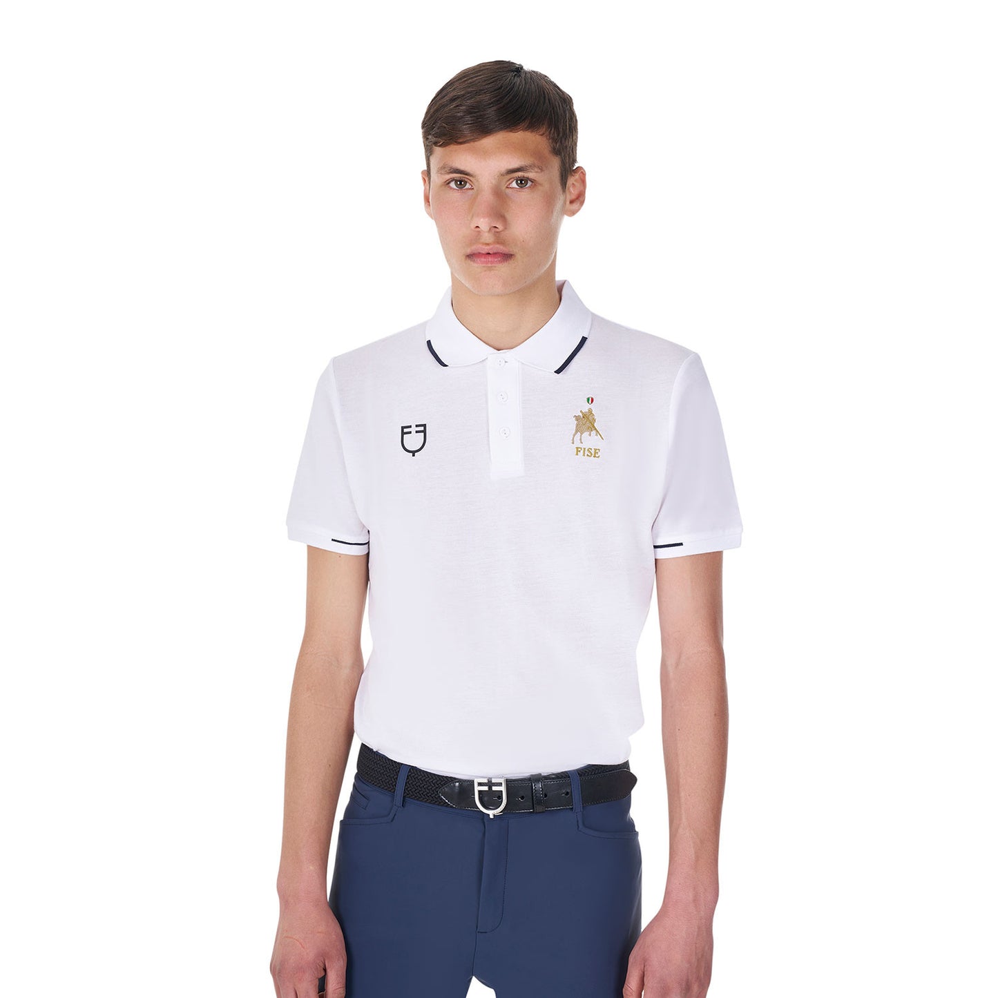 Polo de hombre de entrenamiento tres botones Equestro X FISE - Blanco