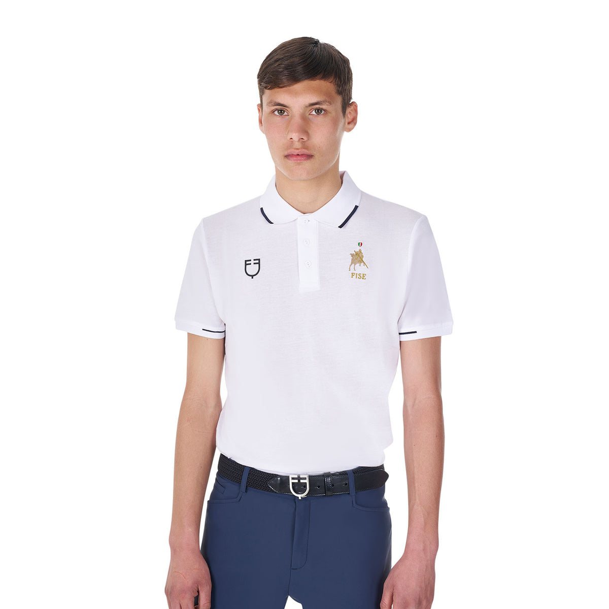 Polo de hombre de entrenamiento tres botones Equestro X FISE - Blanco