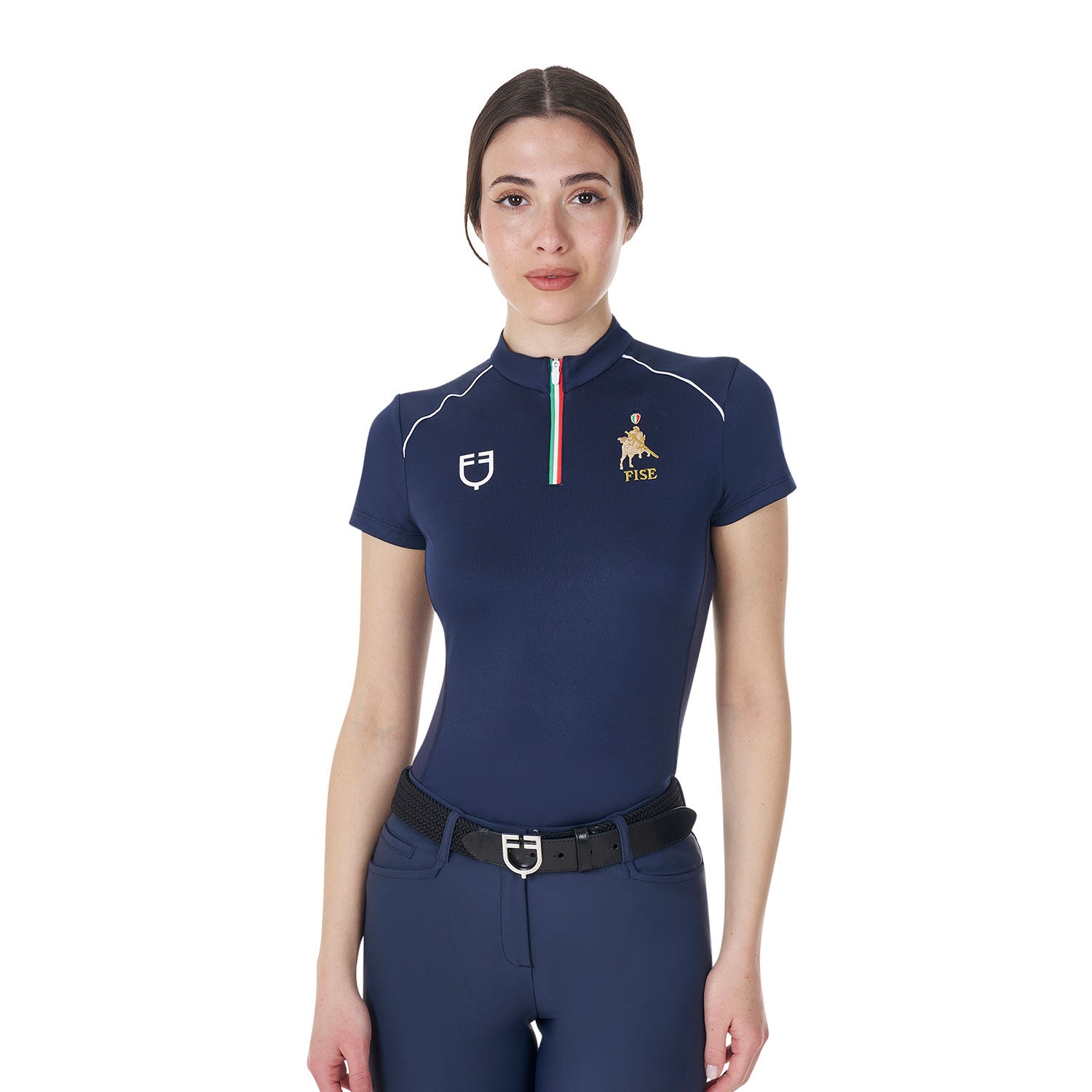 Polo de mujer de entrenamiento con cremallera tricolor Equestro X FISE