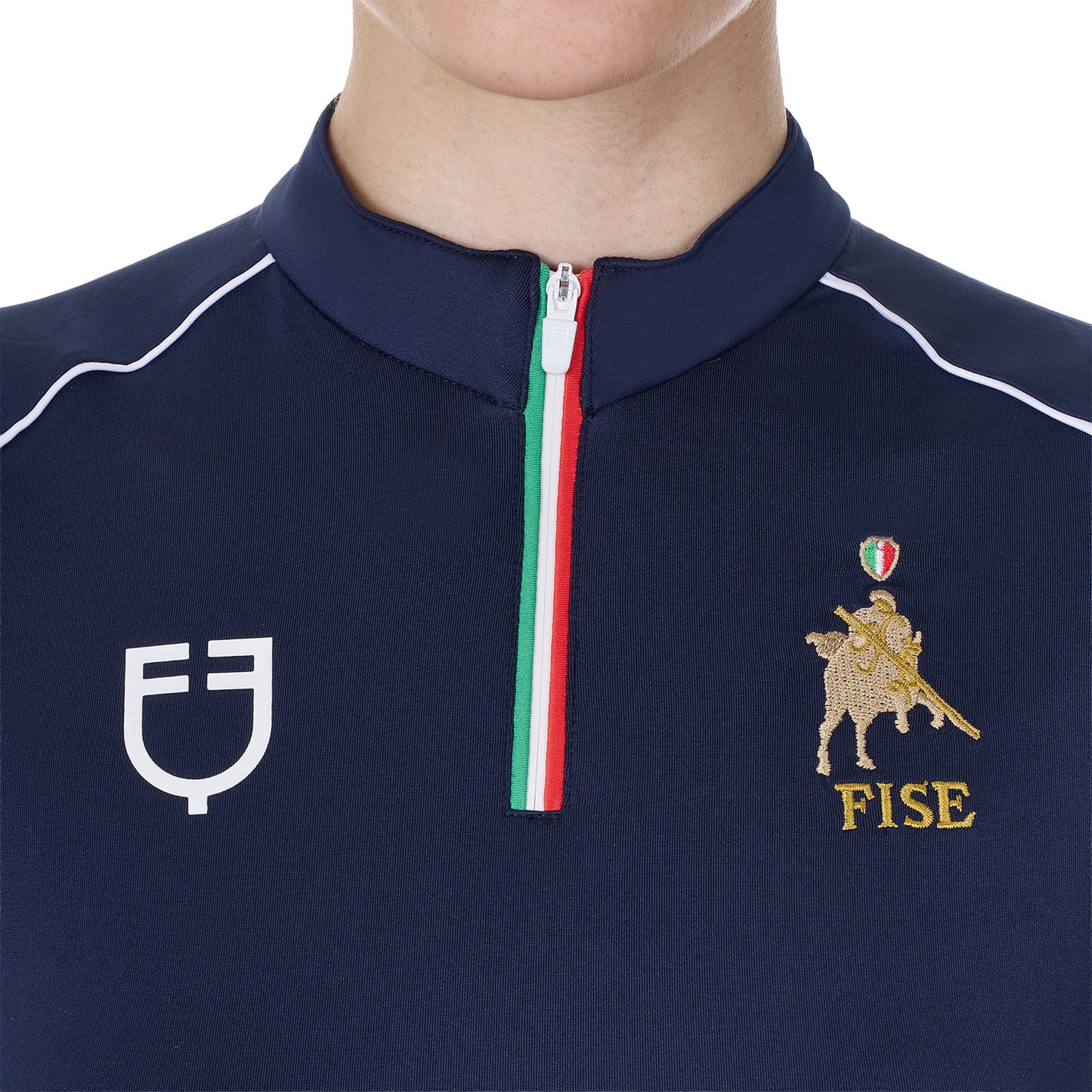 Polo de mujer de entrenamiento con cremallera tricolor Equestro X FISE - Navy Blazer