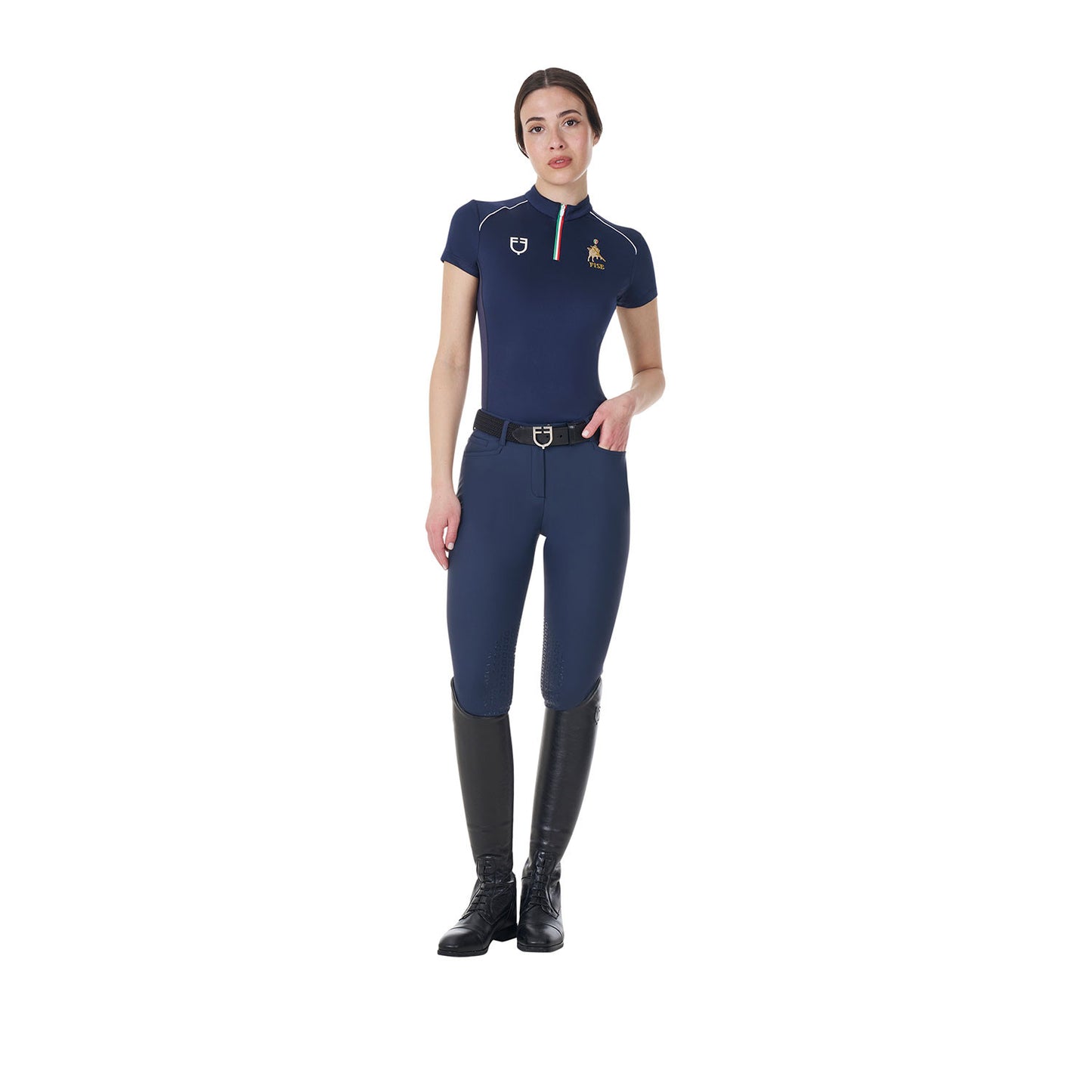 Polo de mujer de entrenamiento con cremallera tricolor Equestro X FISE - Navy Blazer