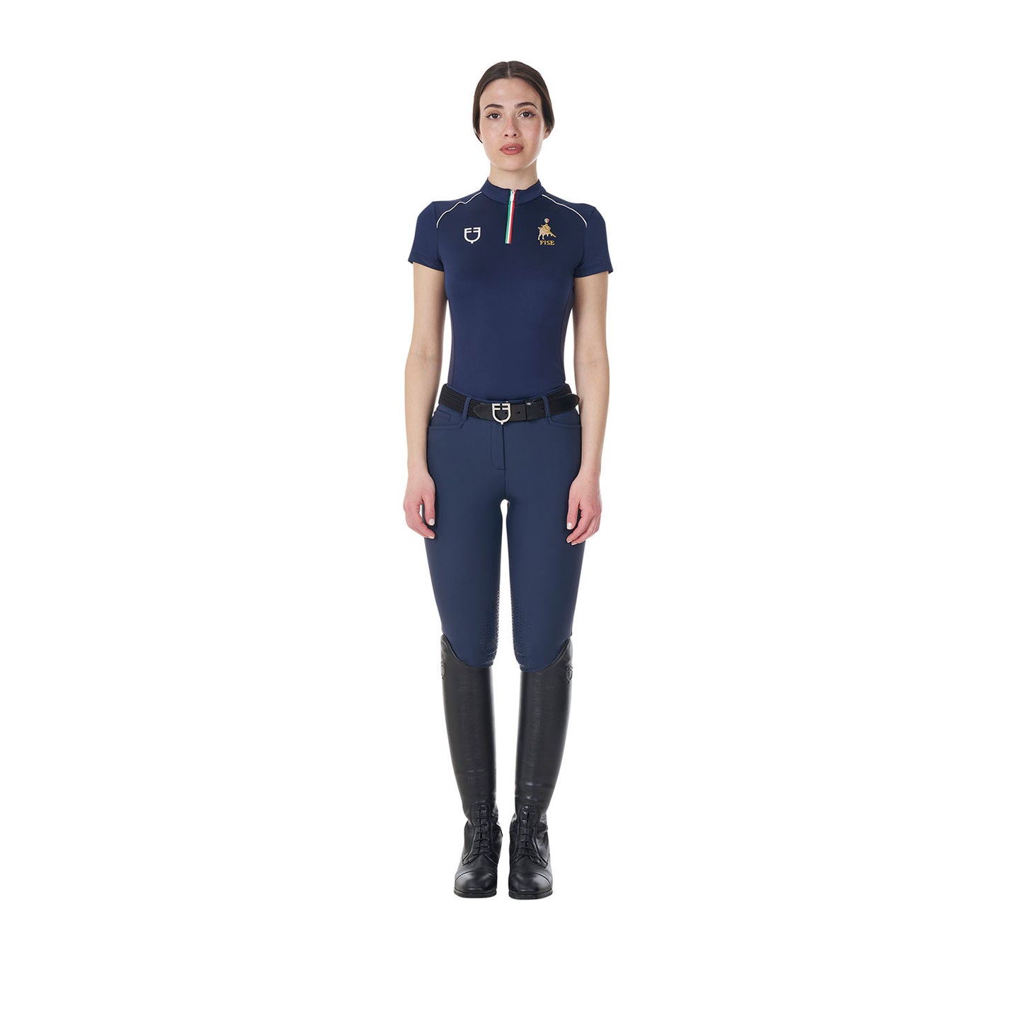 Polo de mujer de entrenamiento con cremallera tricolor Equestro X FISE - Navy Blazer