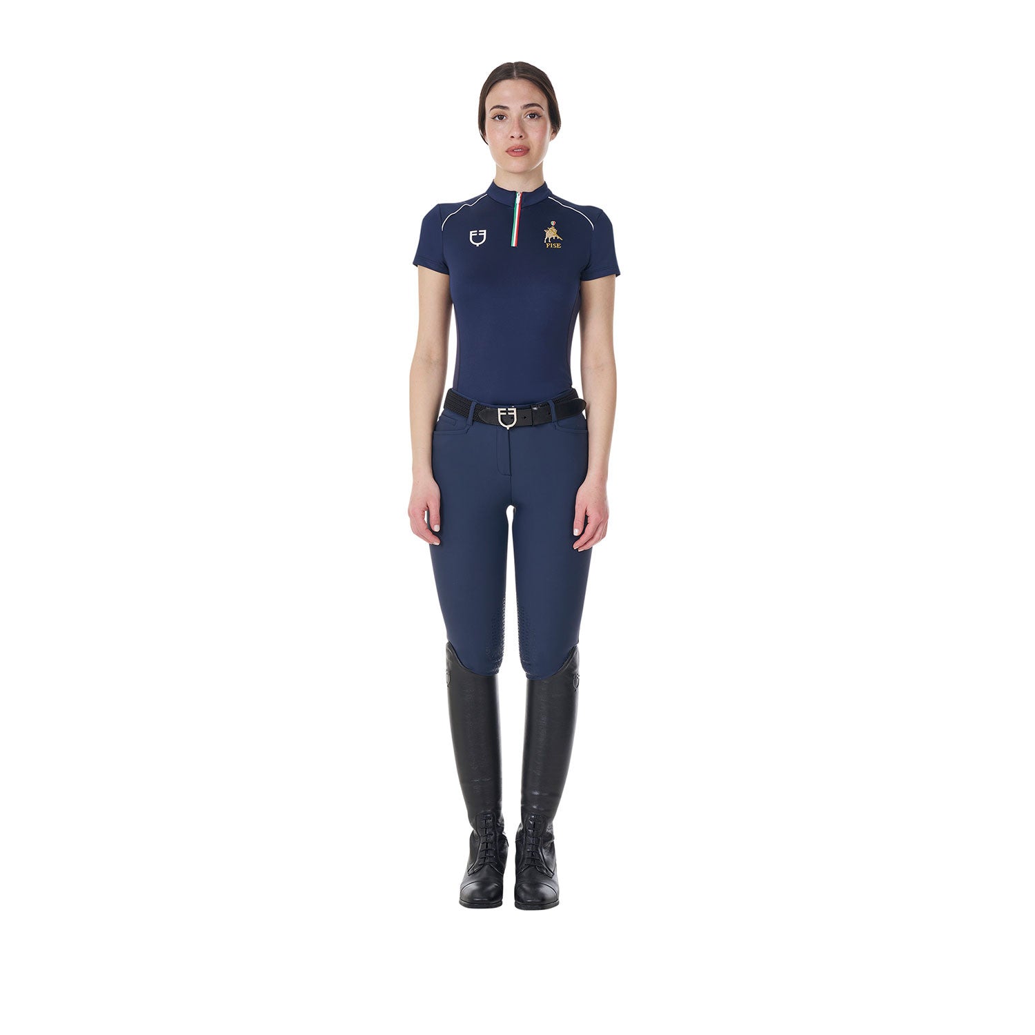 Polo de mujer de entrenamiento con cremallera tricolor Equestro X FISE - Navy Blazer
