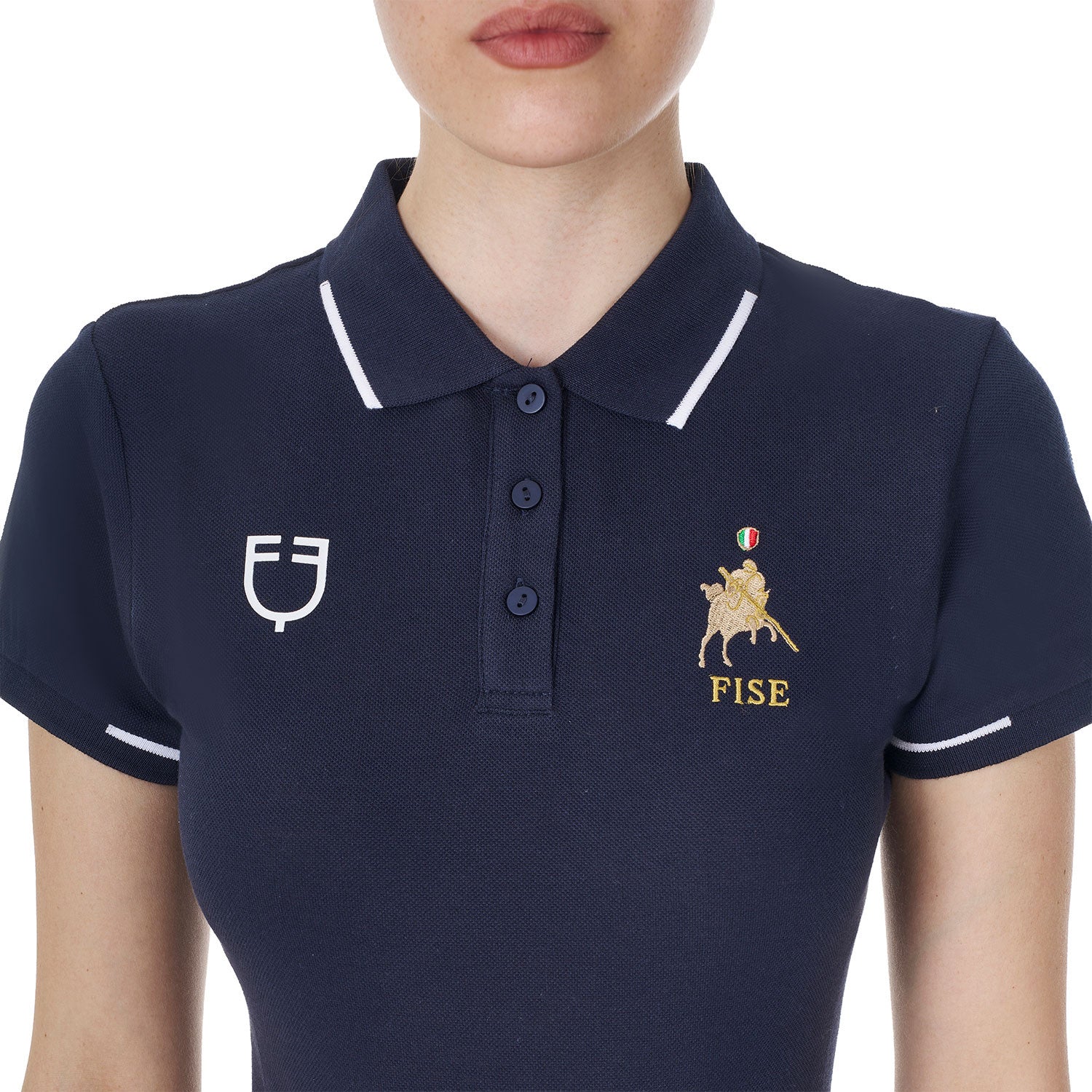 Polo de mujer de entrenamiento tres botones Equestro X FISE - Navy Blazer
