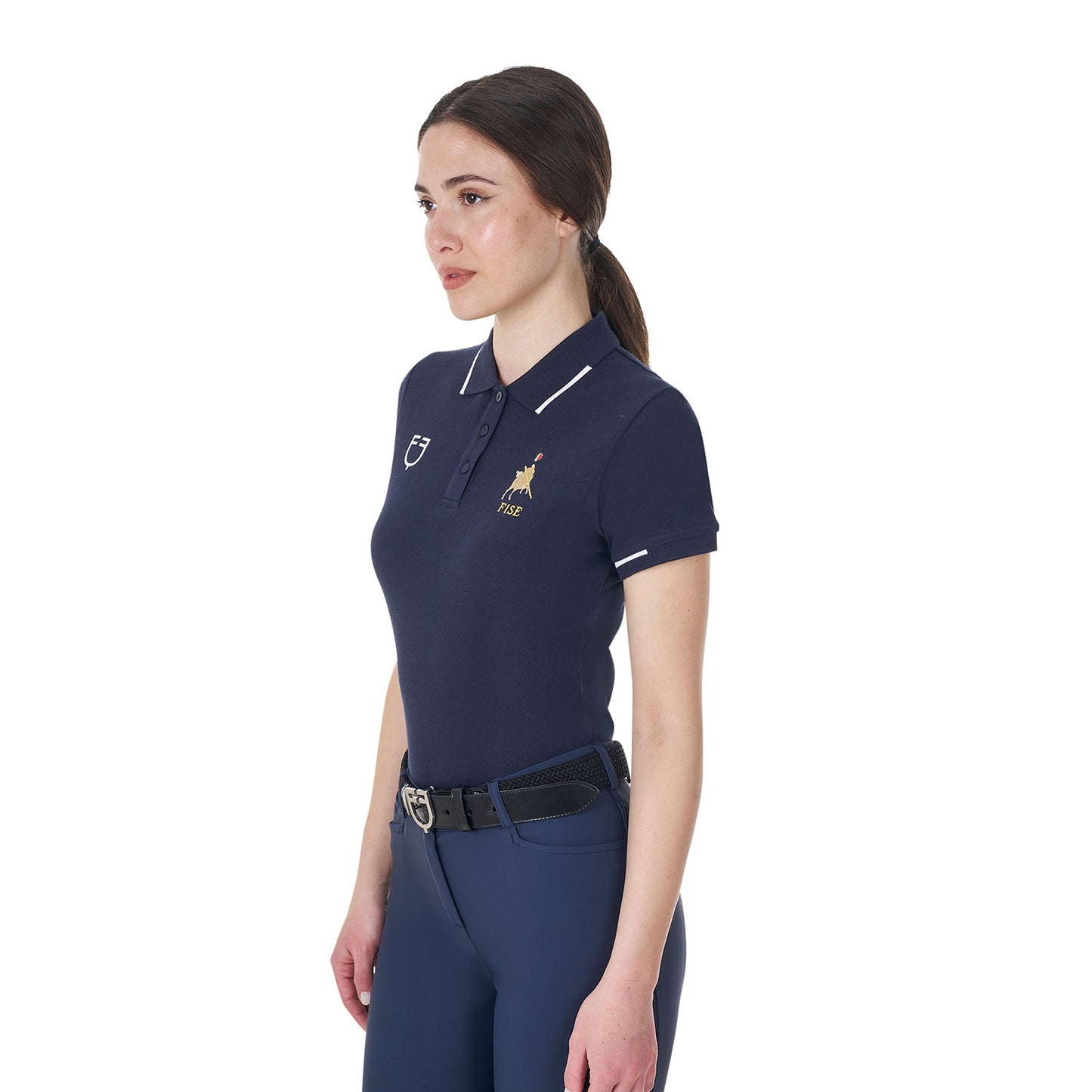Polo de mujer de entrenamiento tres botones Equestro X FISE - Navy Blazer