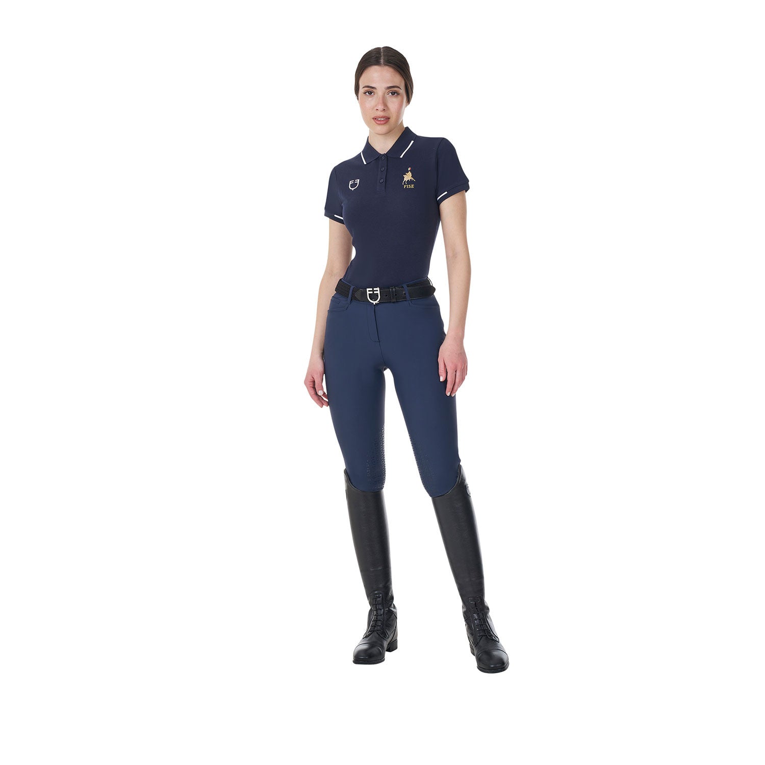 Polo de mujer de entrenamiento tres botones Equestro X FISE - Navy Blazer