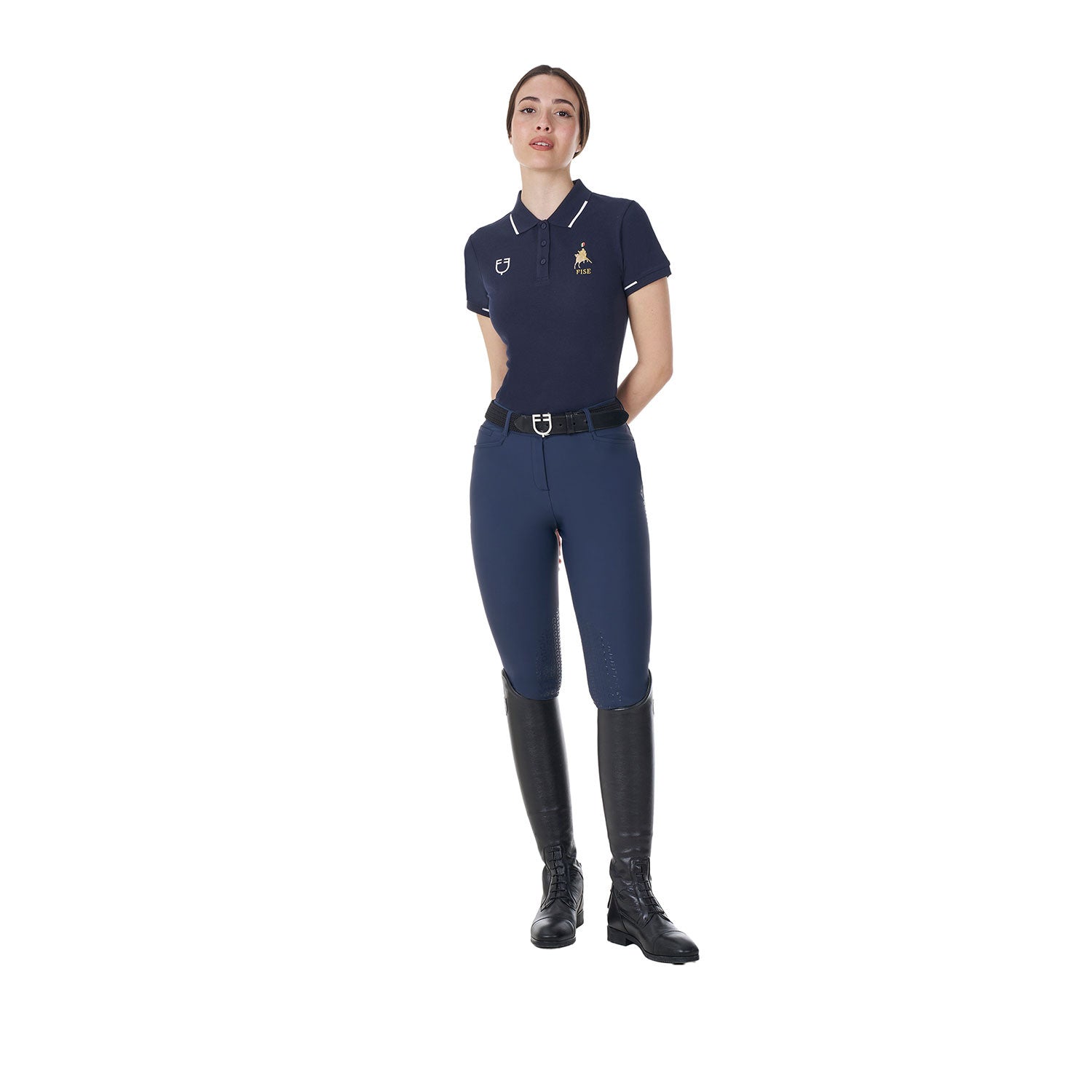 Polo de mujer de entrenamiento tres botones Equestro X FISE - Navy Blazer