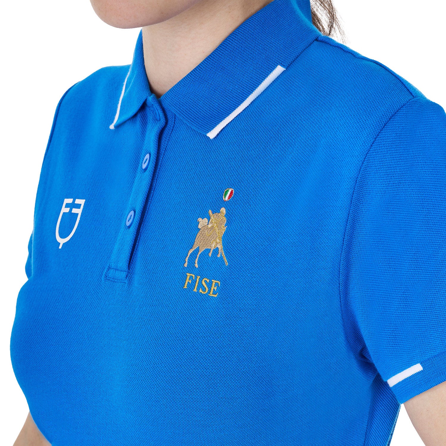 Polo de mujer de entrenamiento tres botones Equestro X FISE - Azzurro Savoia