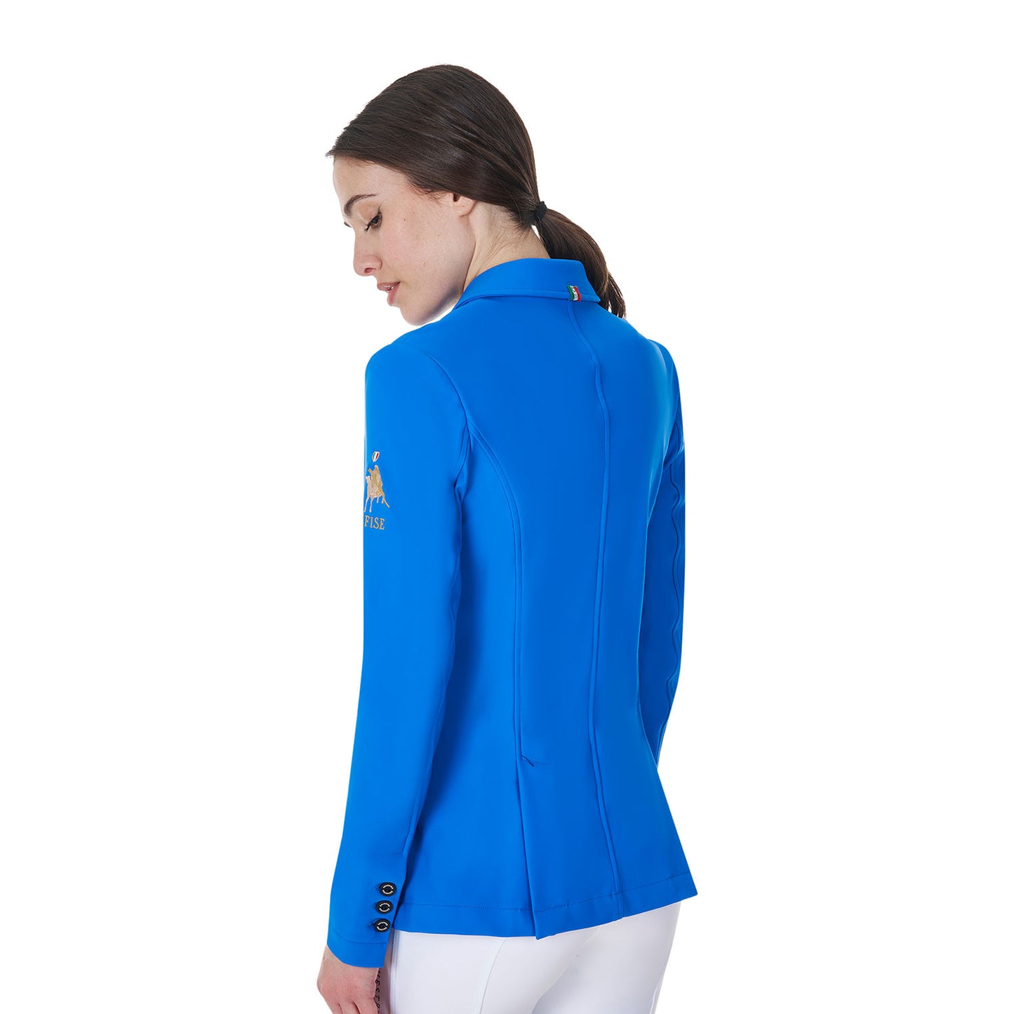 Chaqueta de mujer de concurso tres botones Equestro X FISE - Azzurro Savoia