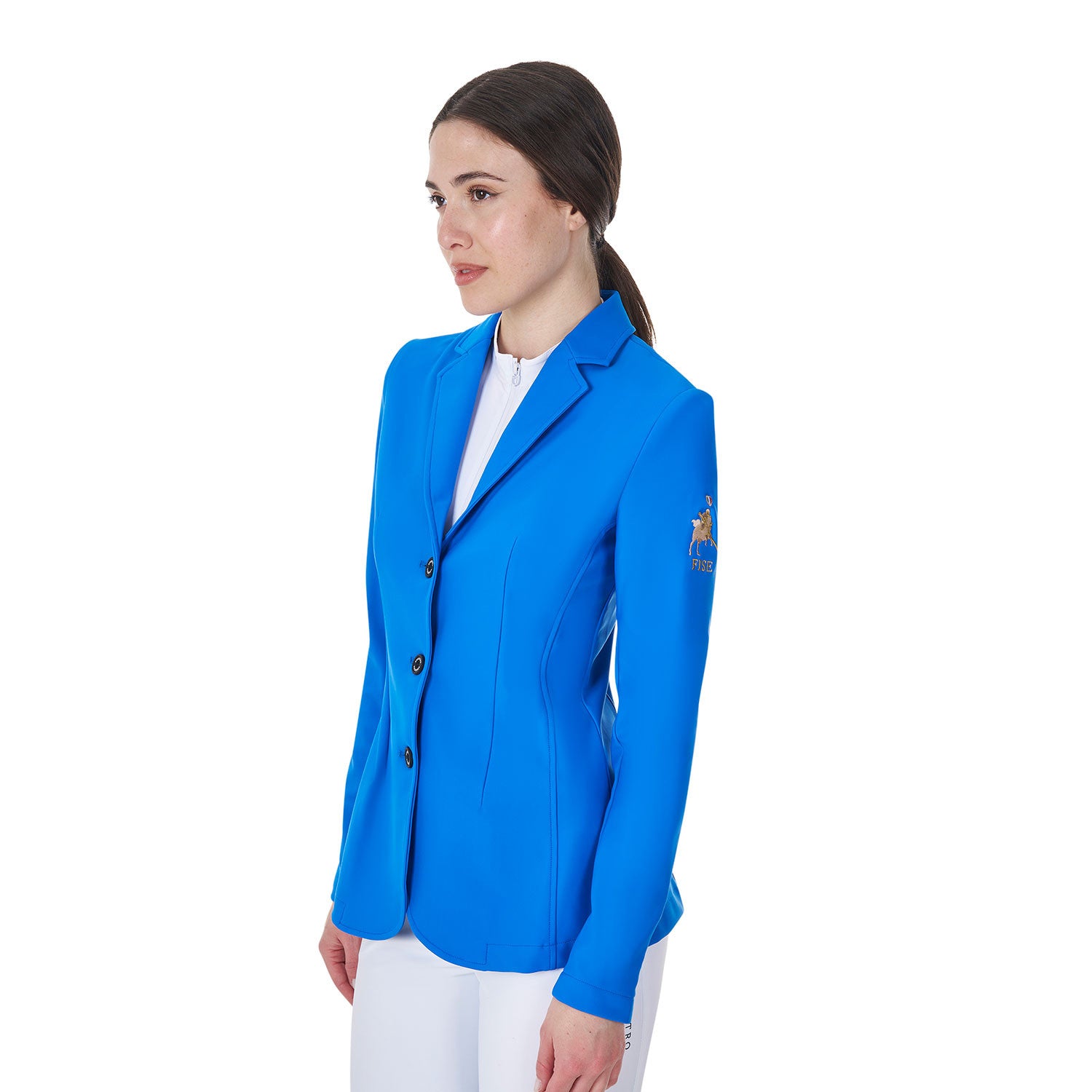 Chaqueta de mujer de concurso tres botones Equestro X FISE - Azzurro Savoia