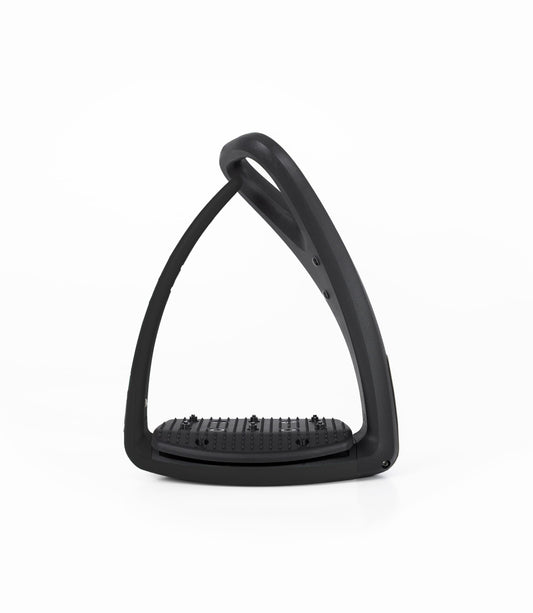 Estribo Freejump Soft'Up Pro de perfil: rama exterior de Elastollan y plataforma ancha con tacos